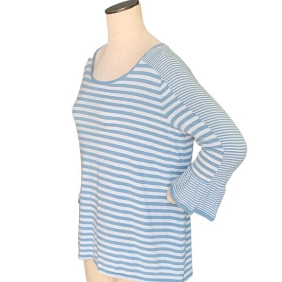 J. Jill Striped 3/4 Flounce Bell Sleeve Tee Top Sz M Blue & White #132G - Picture 3 of 7